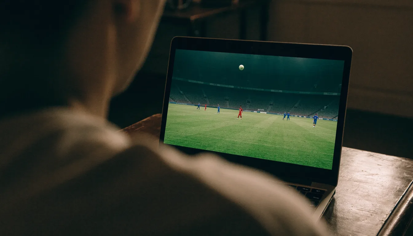 Eine leere Stadiontribüne unter Flutlicht aus der Ferne betrachtet, die Rasenfläche leuchtet grün in der Dämmerung.