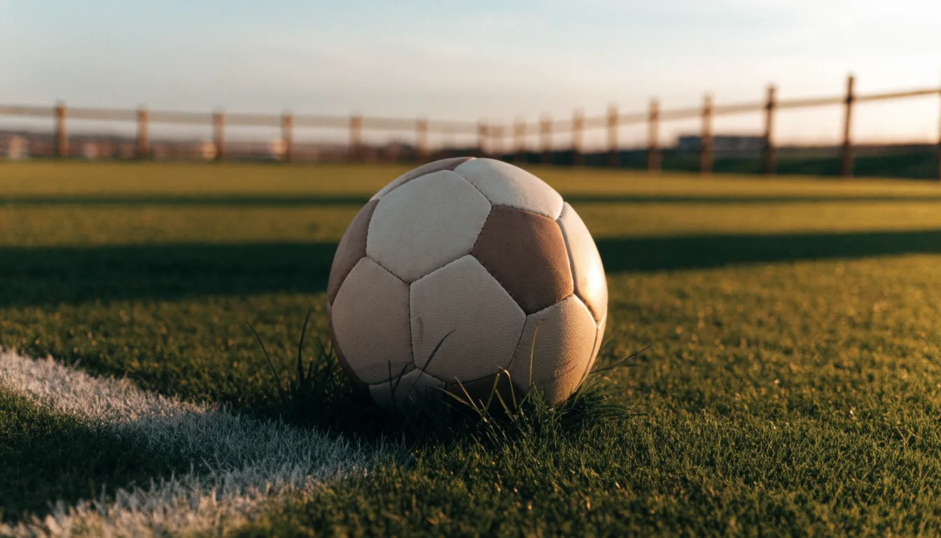 Ein Fußball liegt am Rand eines Rasens neben einer weißen Linie, im Hintergrund ein Zaun in der Abendsonne.