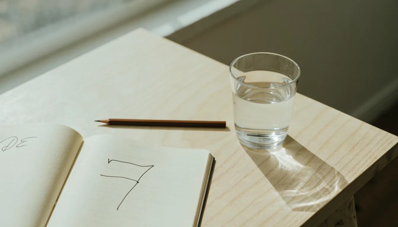 Ein Notizbuch und ein Bleistift liegen neben einem Glas Wasser auf einem hellen Tisch.
