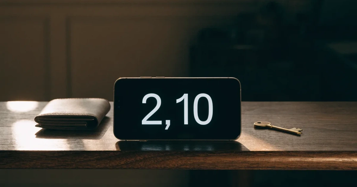 Ein Smartphone mit dunklem Display liegt neben einer Geldbörse und einem Schlüssel auf einem Tisch.