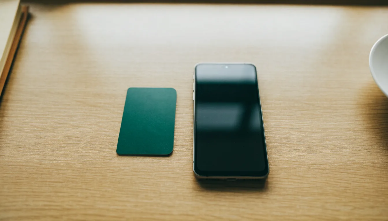 Eine Bankkarte ohne Aufdruck liegt neben einem Smartphone mit dunklem Display auf einem Holztisch.