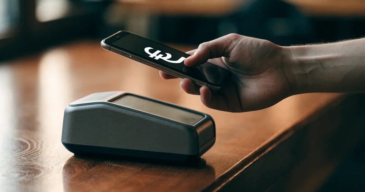 Eine Hand hält ein Smartphone dicht an ein Kartenlesegerät ohne erkennbare Beschriftung in einem Café.