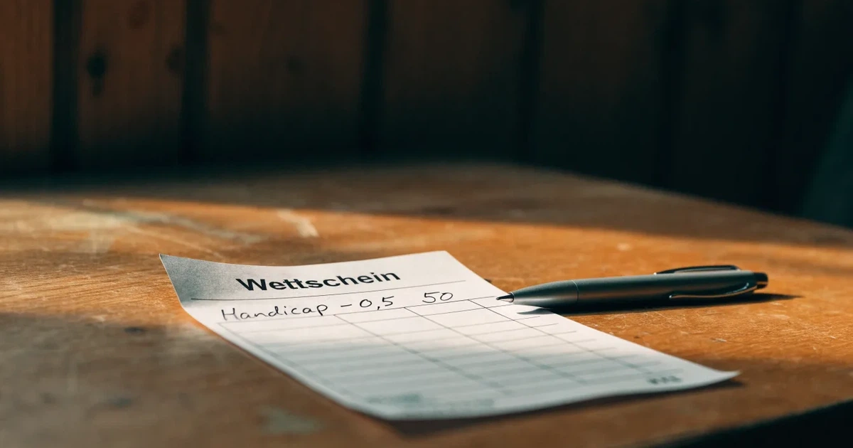 Ein leerer Papier-Wettschein liegt neben einem Kugelschreiber auf einem Tisch, ohne lesbaren Aufdruck.