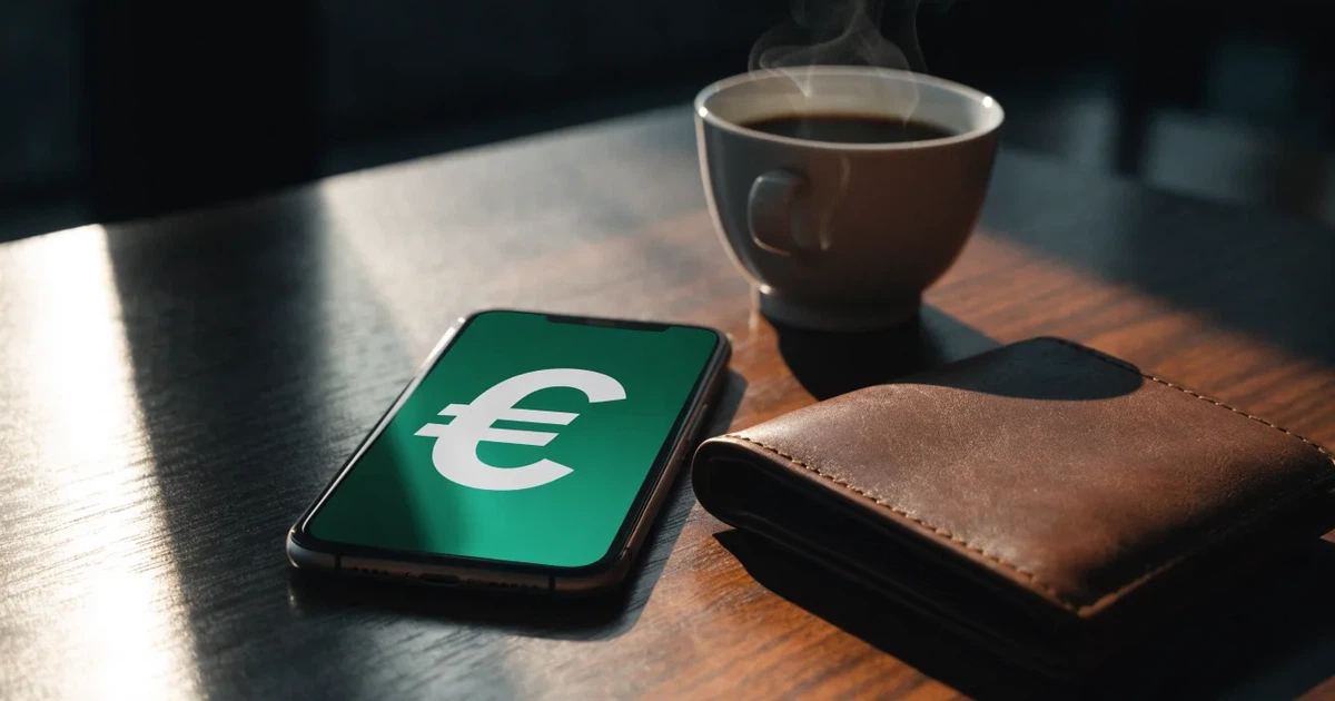 Ein Smartphone mit dunklem Display liegt auf einem Tisch neben einer Geldbörse und einer Tasse Kaffee.