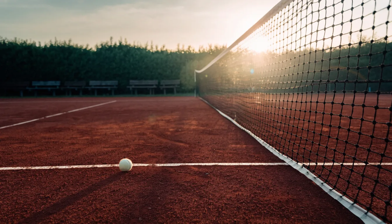 Ein Tennisplatz aus Sand bei Sonnenaufgang, das Netz im Gegenlicht, kein Mensch zu sehen.