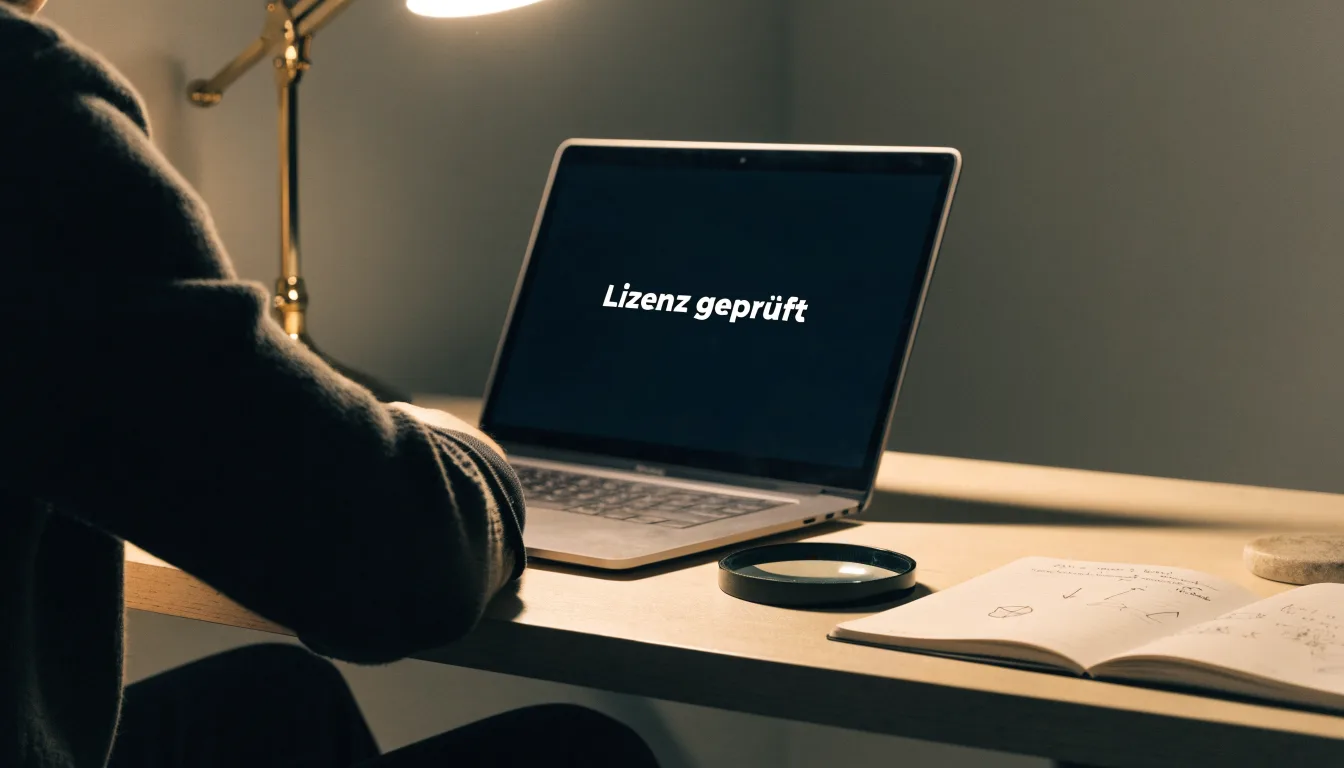 Ein Schreibtisch mit Lupe und leerem Block unter einer Lampe in einem ruhigen Raum.