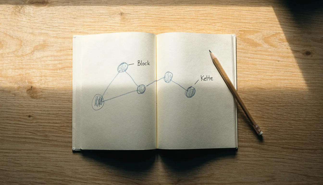 Ein Notizbuch mit handgezeichneten Knoten und Linien liegt neben einem Bleistift auf einem Schreibtisch.