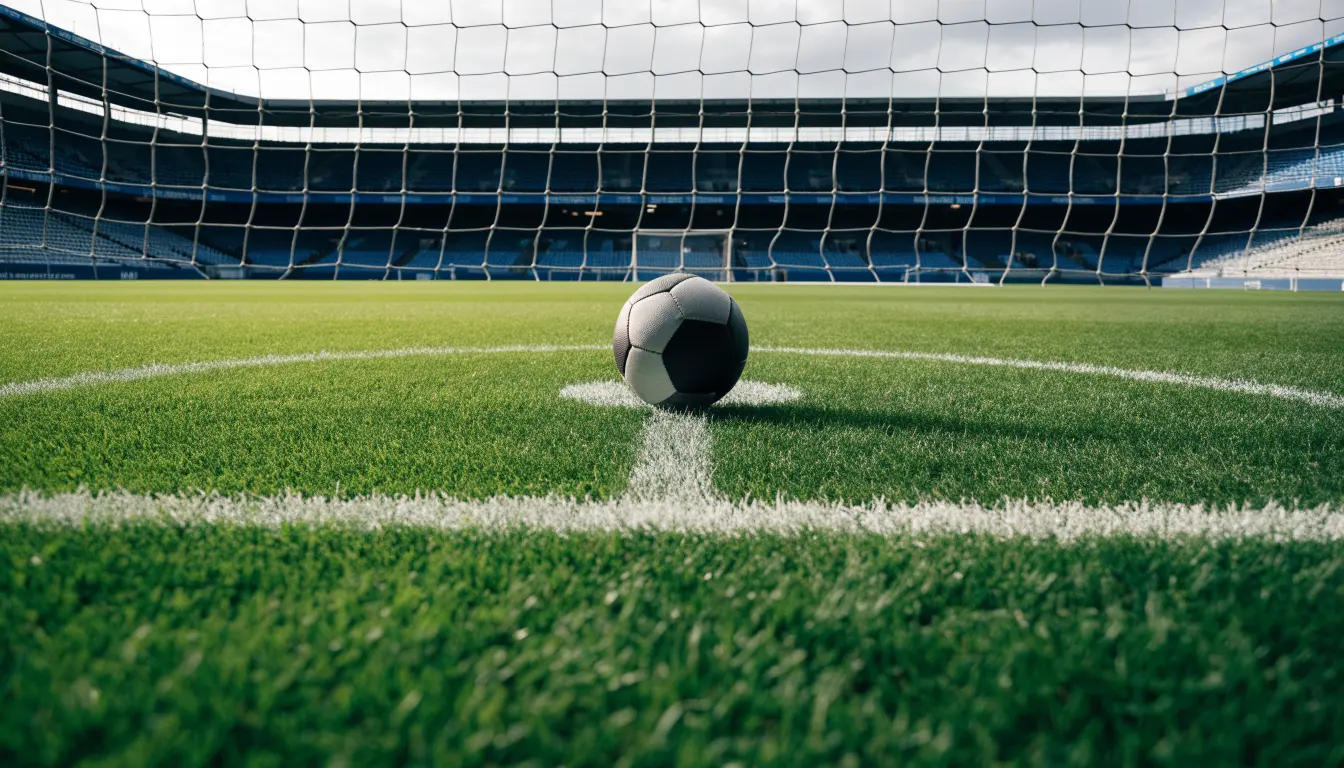 Ein Fußball liegt auf dem Anstoßpunkt eines leeren Rasenplatzes, im Hintergrund eine ruhige Tribüne unter bedecktem Himmel.