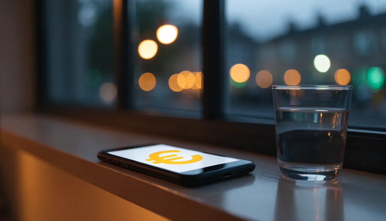 Die Silhouette einer Person sitzt am Abend am Fenster und blickt auf eine Straße, auf dem Fensterbrett steht ein Glas Wasser.