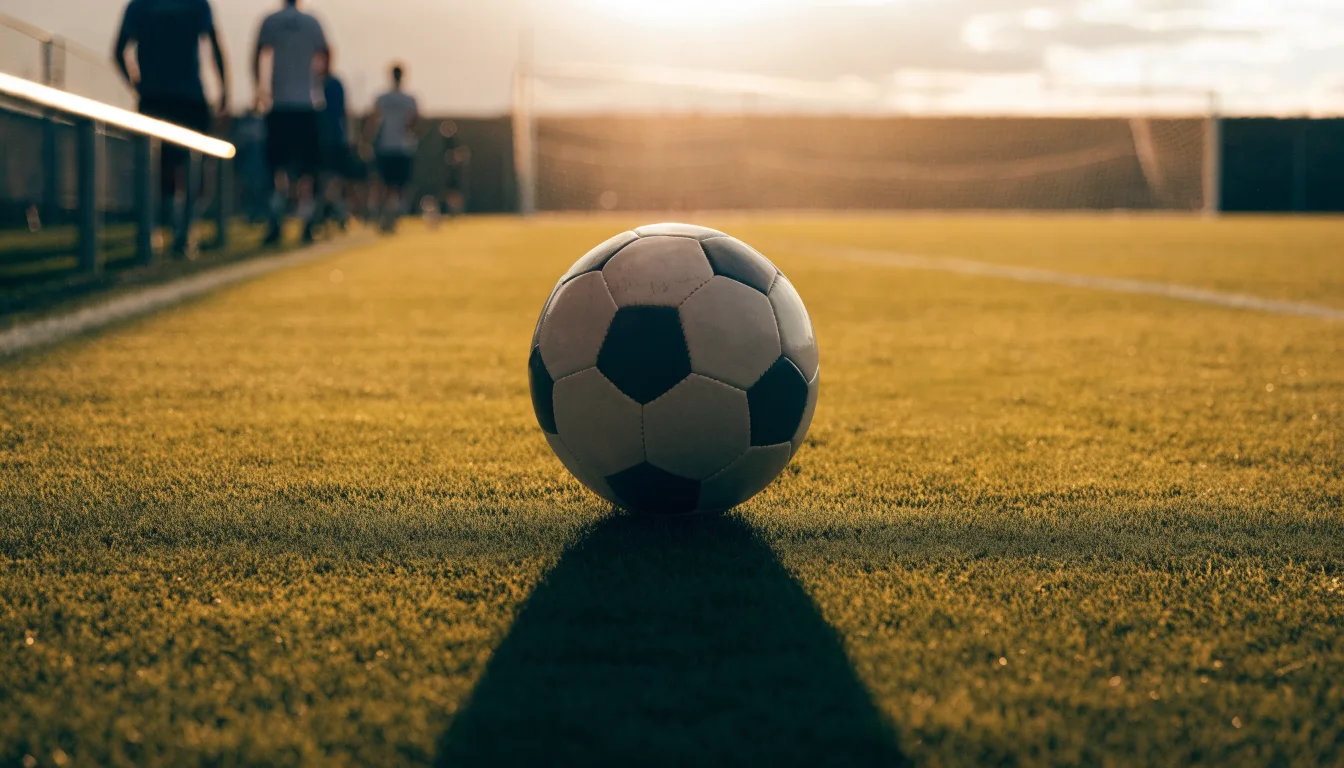 Ein Fußball auf einem Rasenplatz im Gegenlicht der tiefstehenden Sonne, am Spielfeldrand eine leere Ersatzbank.