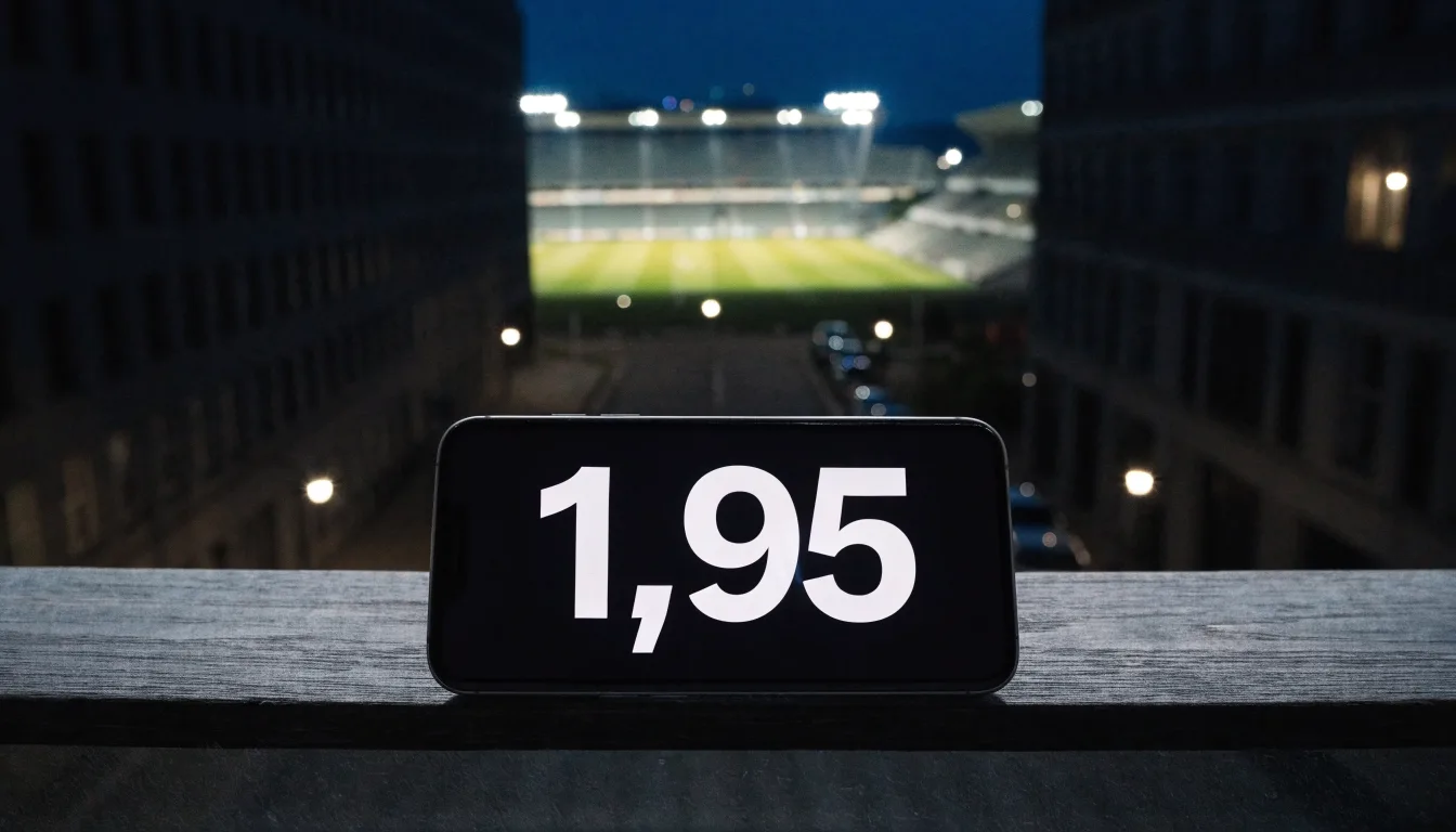 Ein Stadion unter Flutlicht aus der Ferne gesehen, davor eine dunkle Straße mit Laternen und ohne Menschen.