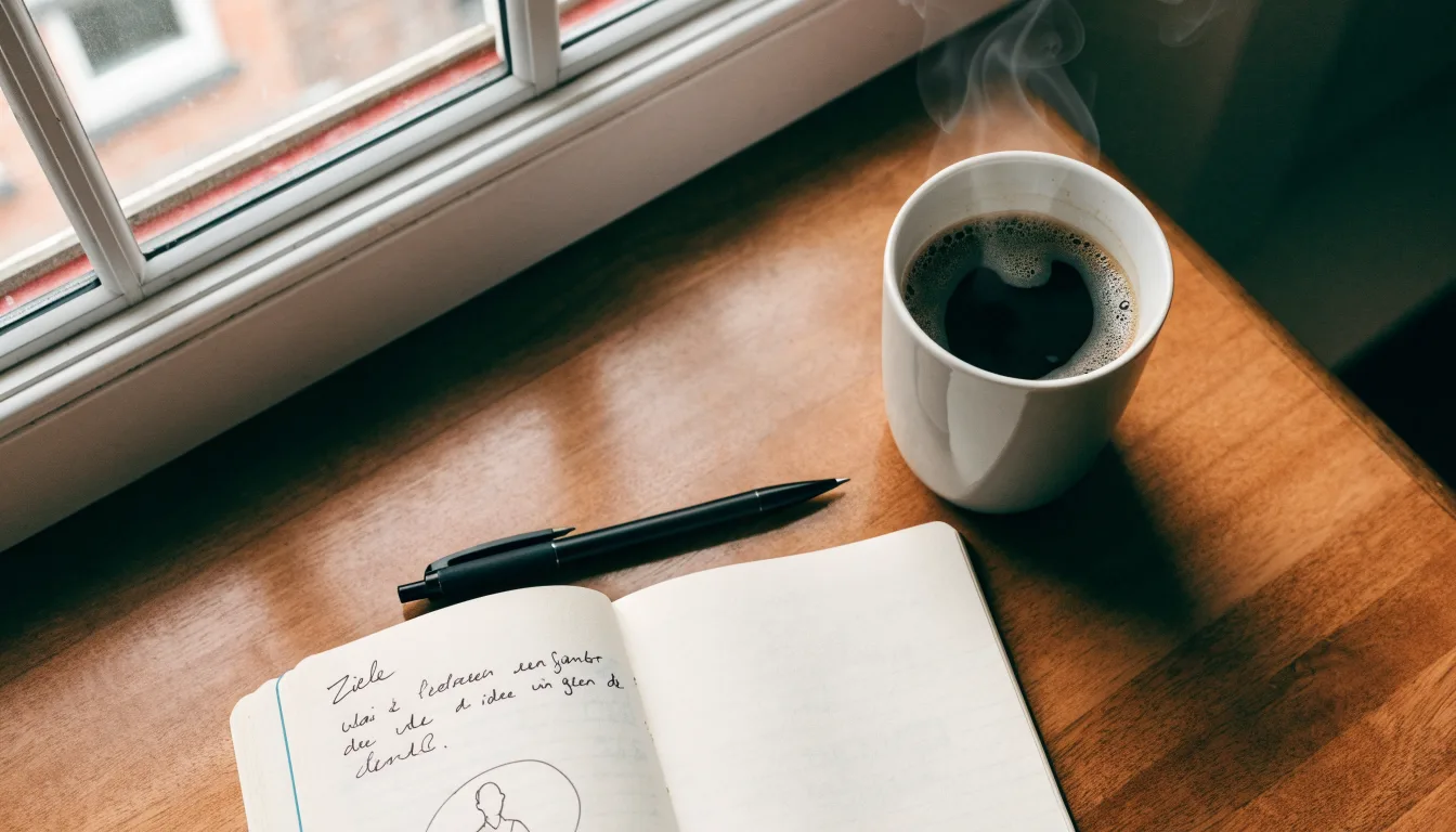 Eine Tasse Kaffee, ein Kugelschreiber und ein aufgeschlagenes leeres Notizbuch auf einem Küchentisch am Fenster.