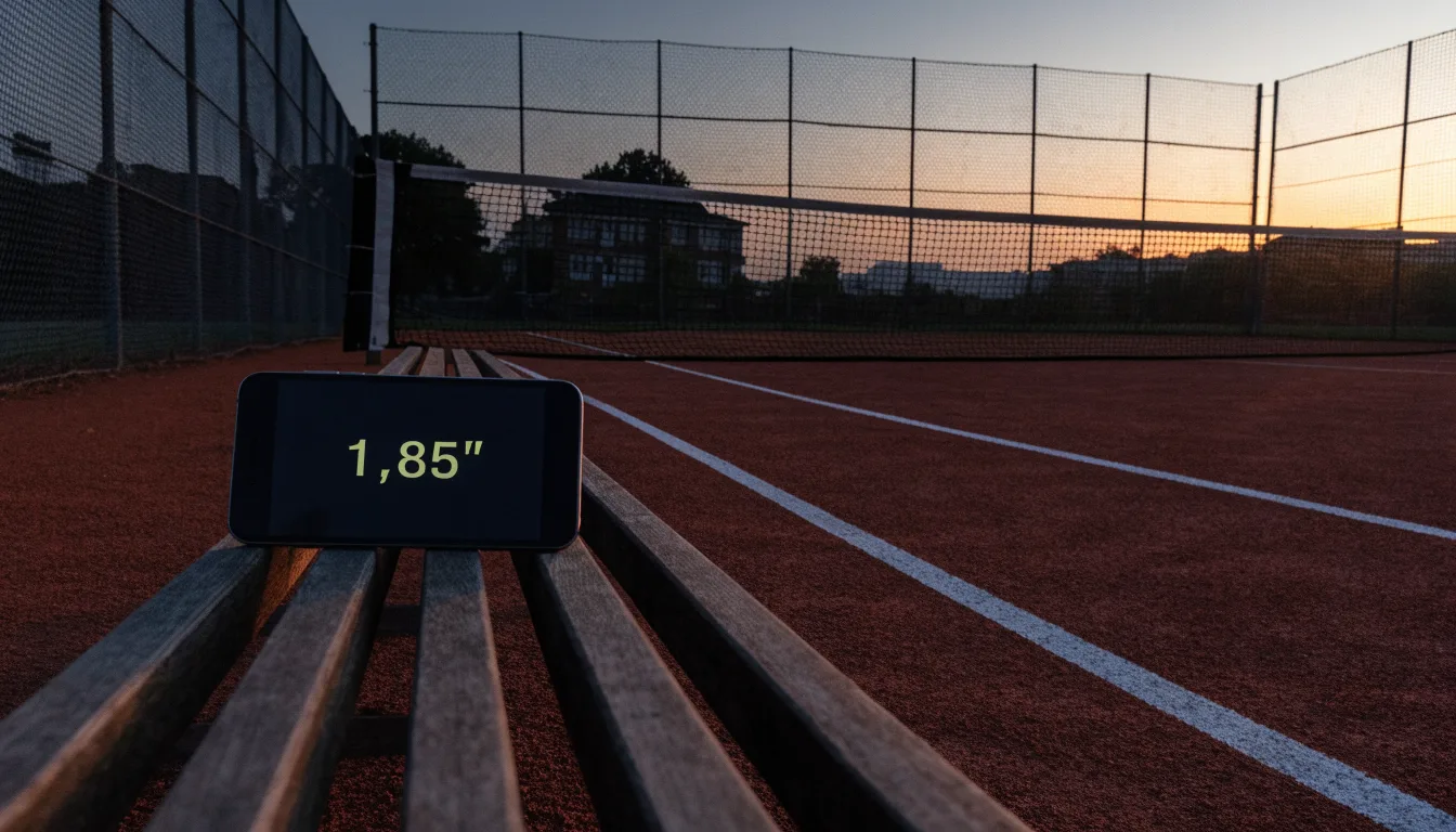 Ein Tennisplatz in der Dämmerung, Netz und Linien im Zwielicht, ohne Menschen und mit ruhigem Himmel.