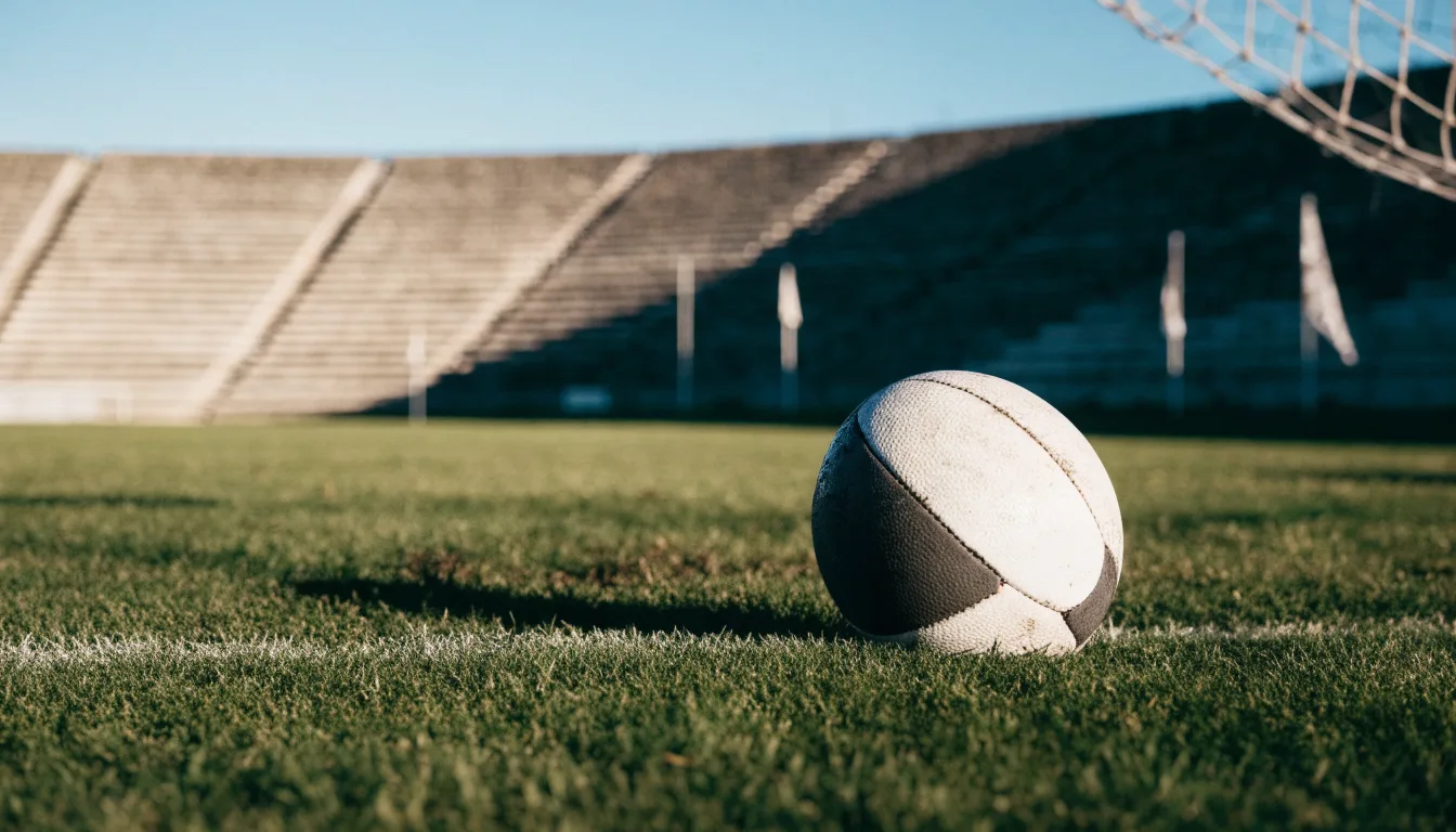 Ein Fußball liegt am Spielfeldrand eines Rasenplatzes, im Hintergrund eine leere Tribüne unter hellem Himmel.