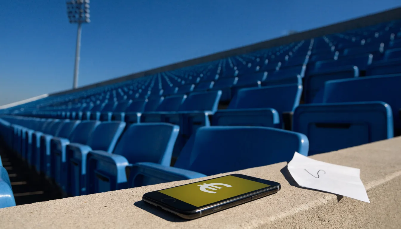 Eine leere Tribüne eines Fußballstadions bei Tageslicht, Sitzschalen in Reihen und dahinter ein Flutlichtmast.