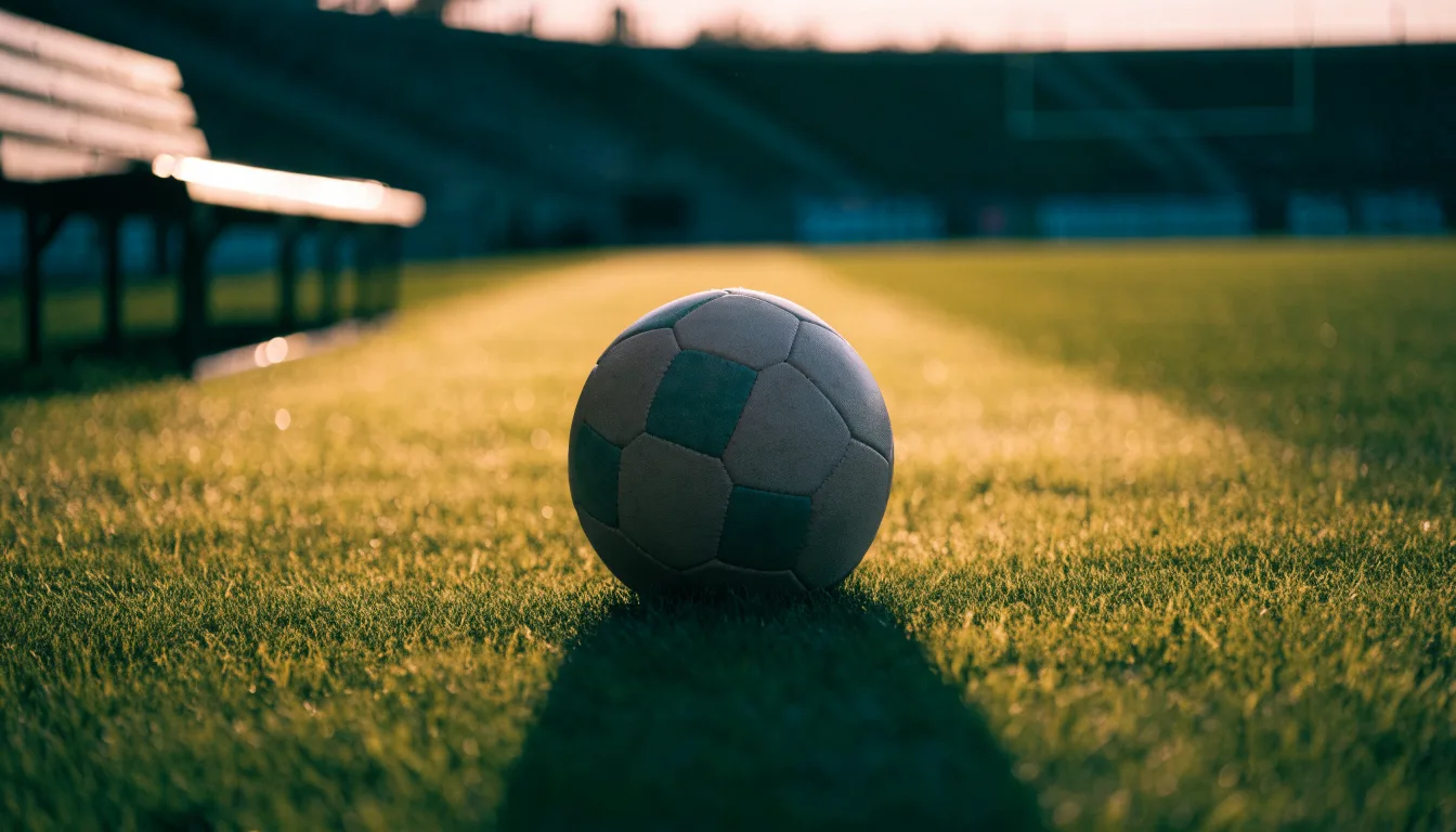 Ein Fußball auf einem Rasenplatz im Gegenlicht der tiefstehenden Sonne, am Rand eine leere Ersatzbank.