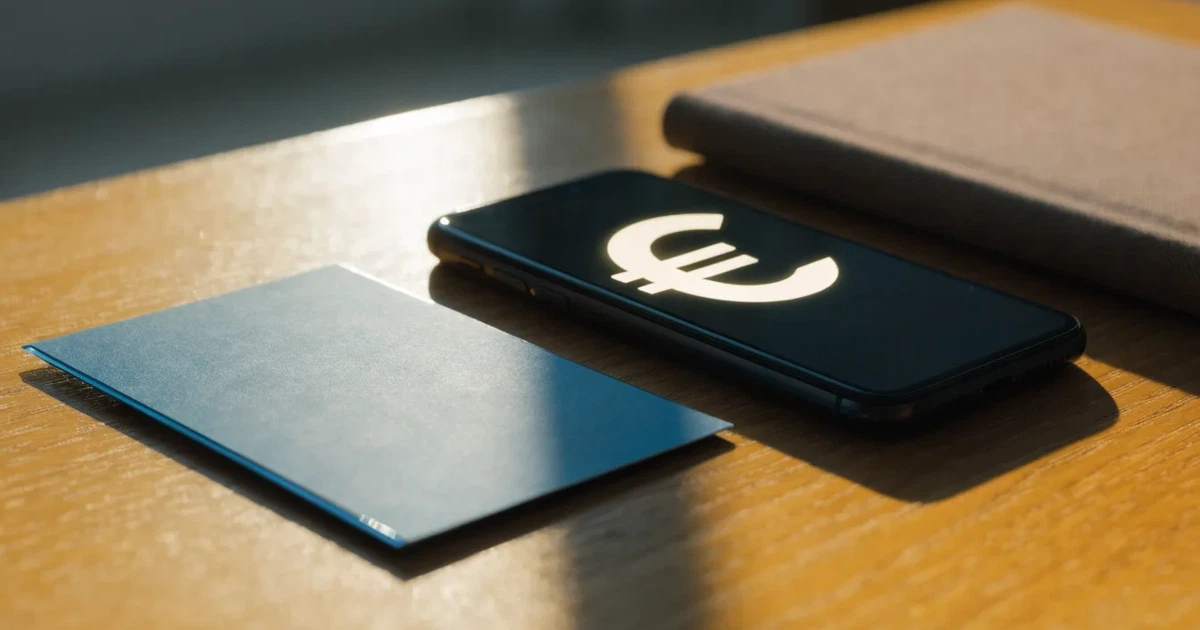Eine Plastikkarte ohne Aufdruck liegt auf einem Holztisch neben einem Smartphone mit dunklem Bildschirm und einem Notizbuch.