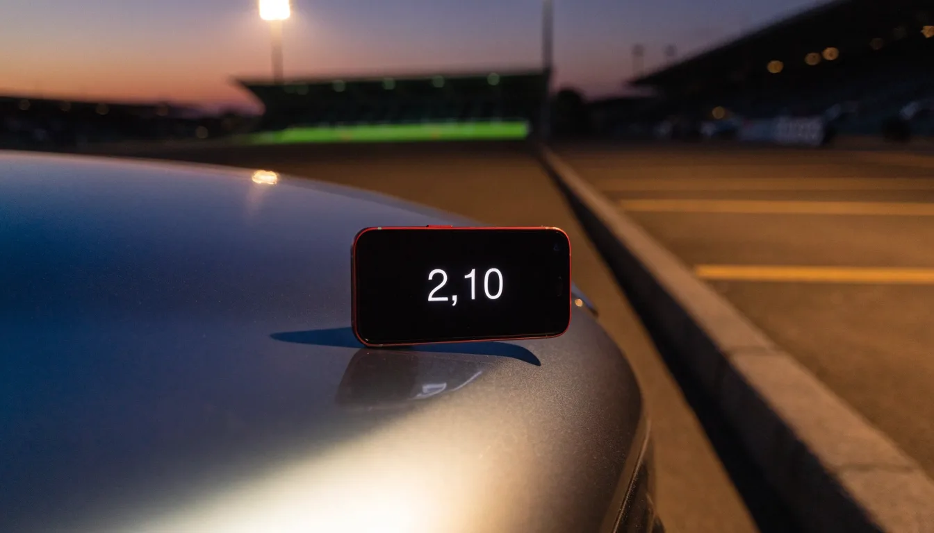Ein Stadion unter Flutlicht aus der Ferne gesehen, davor ein leerer Parkplatz in der Dämmerung.