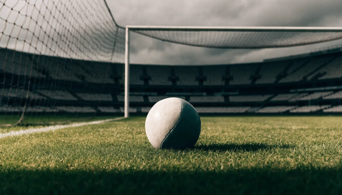 Ein Fußball auf einem Rasen, im Hintergrund ein leeres Stadion bei bewölktem Himmel.