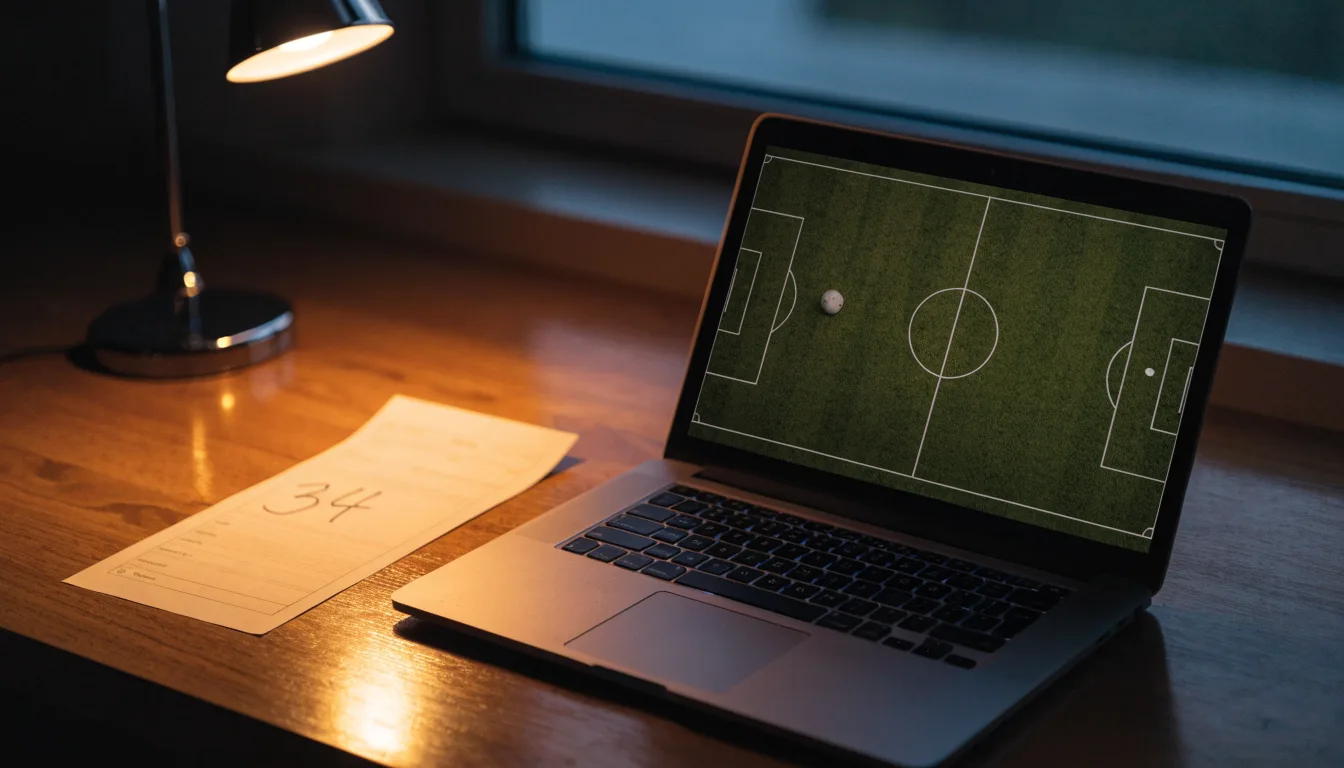 Ein Schreibtisch mit Lampe und geschlossenem Laptop in einem ruhigen Büro bei Abendlicht.