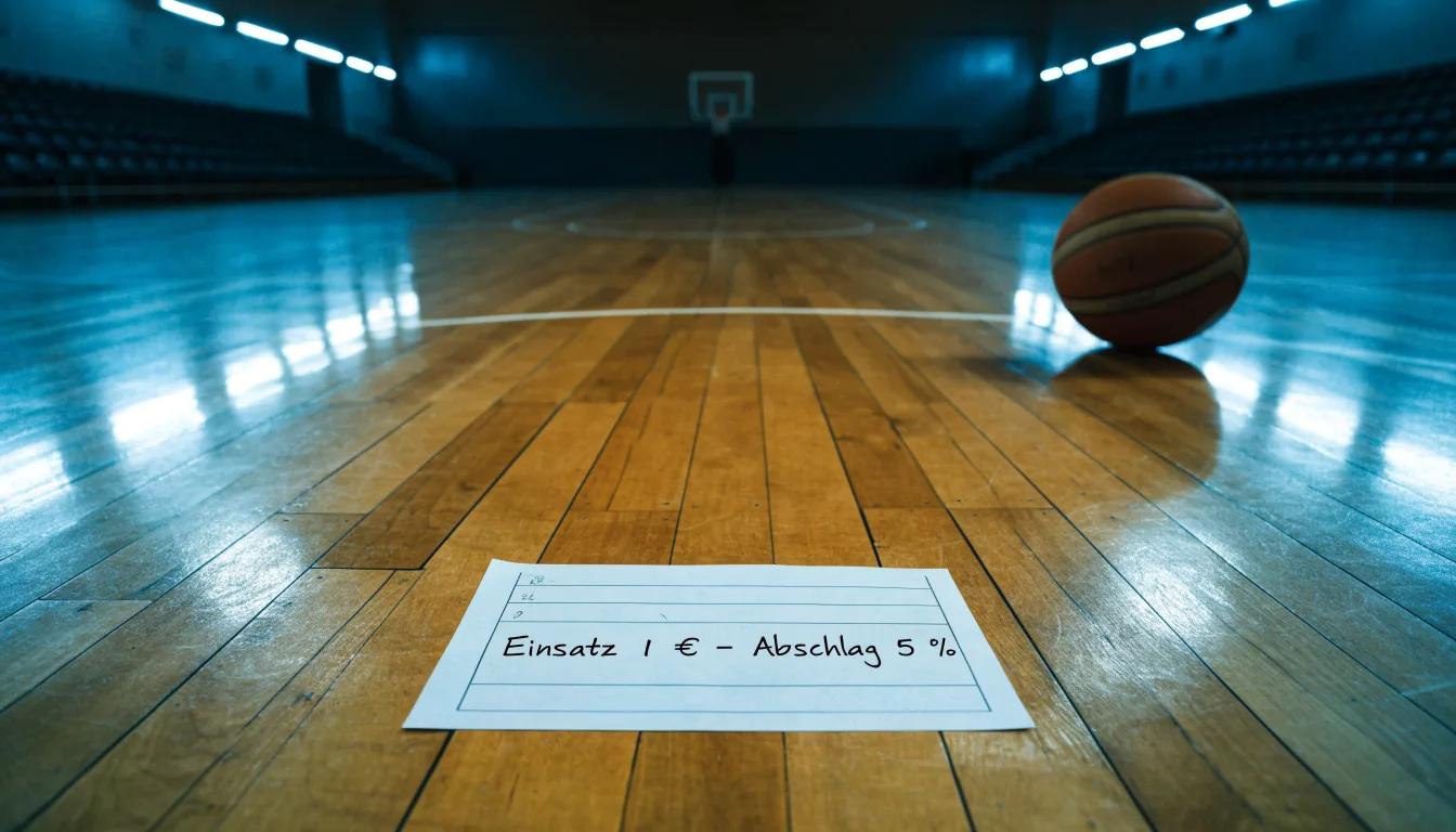 Ein Basketballfeld in einer leeren Halle, das Parkett spiegelt das Deckenlicht.