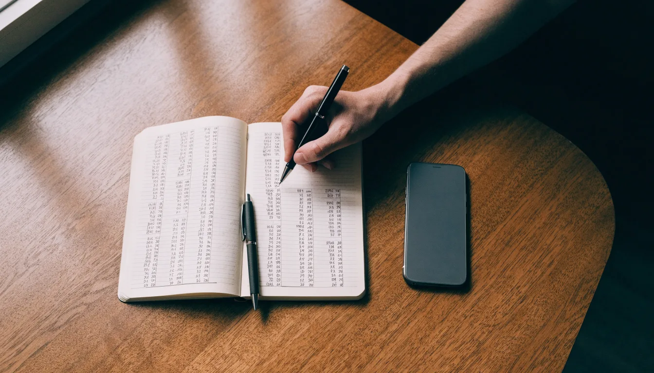 Ein Taschenrechner und ein Notizbuch mit handschriftlichen Zahlenreihen auf einem Schreibtisch neben einem Kugelschreiber.