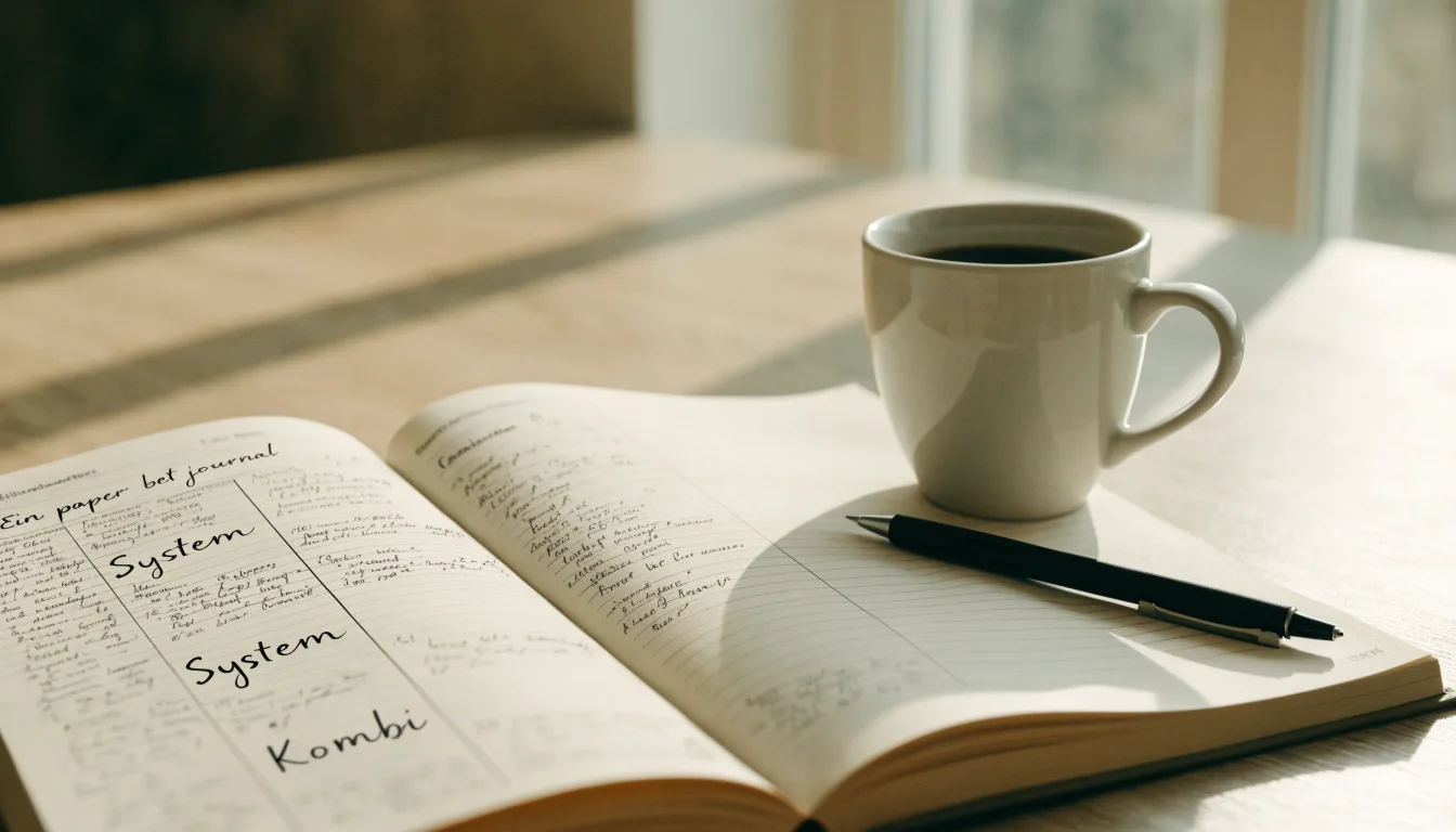 Ein aufgeschlagenes leeres Notizbuch mit Kugelschreiber neben einer Tasse Kaffee auf einem Tisch am Fenster.