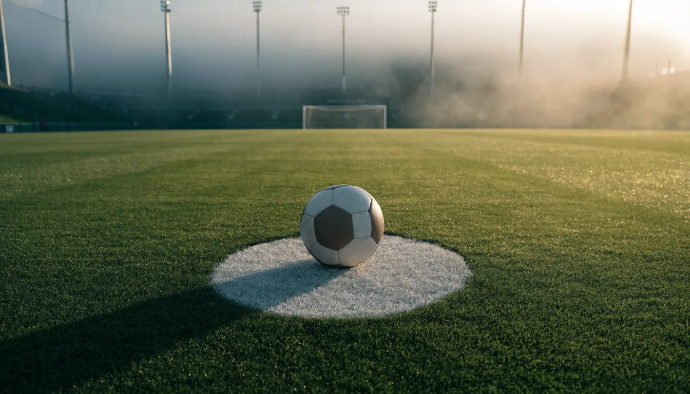 Ein Fußball liegt auf dem Anstoßpunkt eines leeren Rasenplatzes, im Hintergrund hängt Morgendunst über den Tribünen.