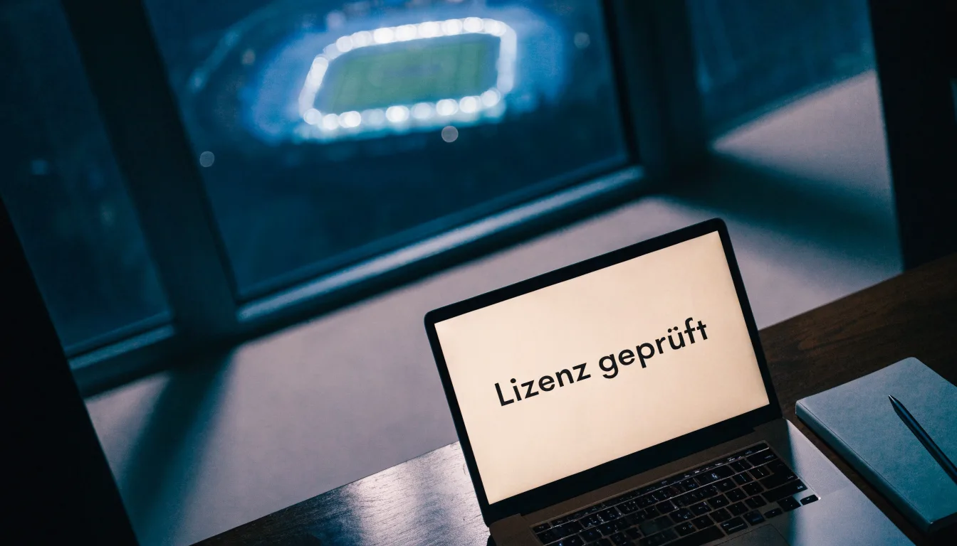 Ein Fußballstadion unter Flutlicht, aus großer Entfernung bei Einbruch der Dunkelheit gesehen, davor ein leerer Parkplatz.