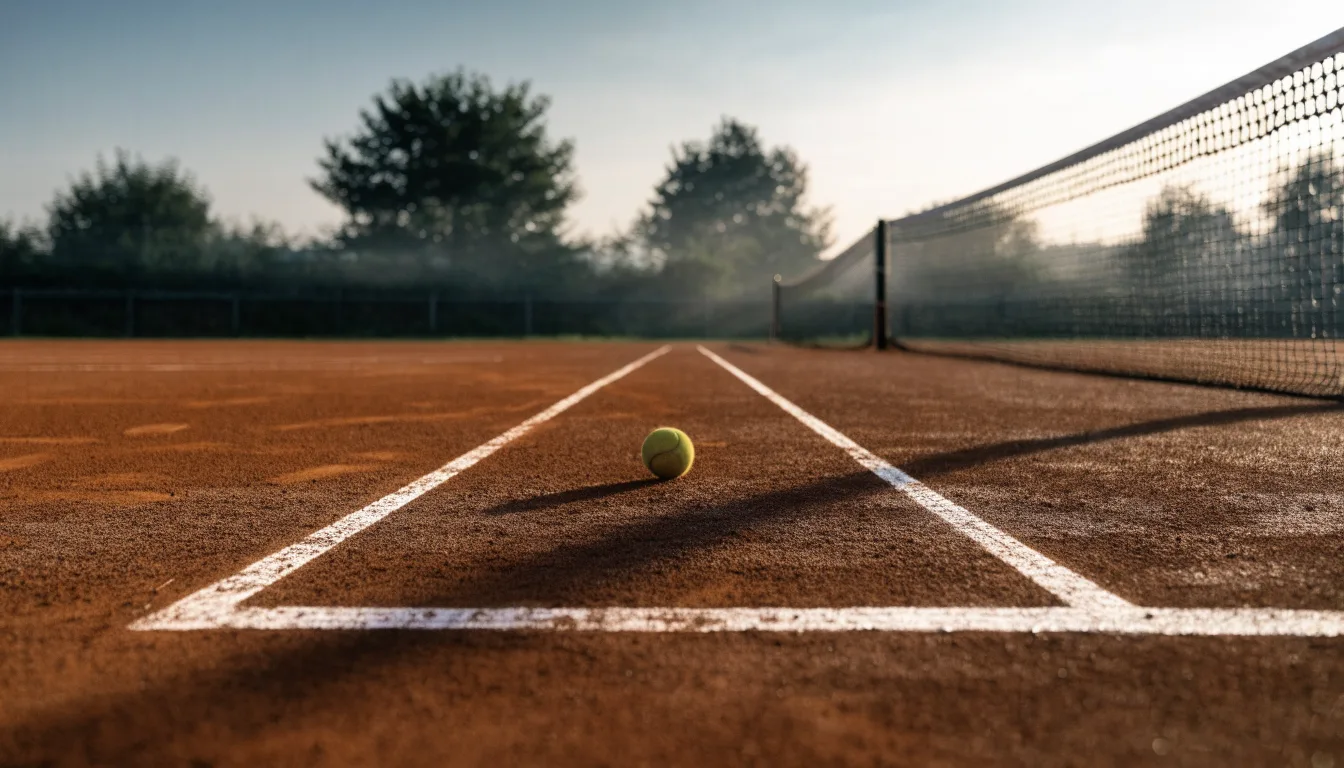 Ein Tennisplatz bei Sonnenaufgang, die Linien noch taufeucht, ein einzelner Ball liegt an der Grundlinie.