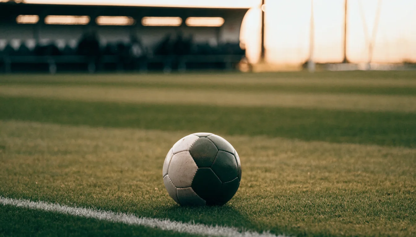 Ein Fußball liegt im Gras am Spielfeldrand, dahinter eine leere Bank und ein Tor im Gegenlicht.