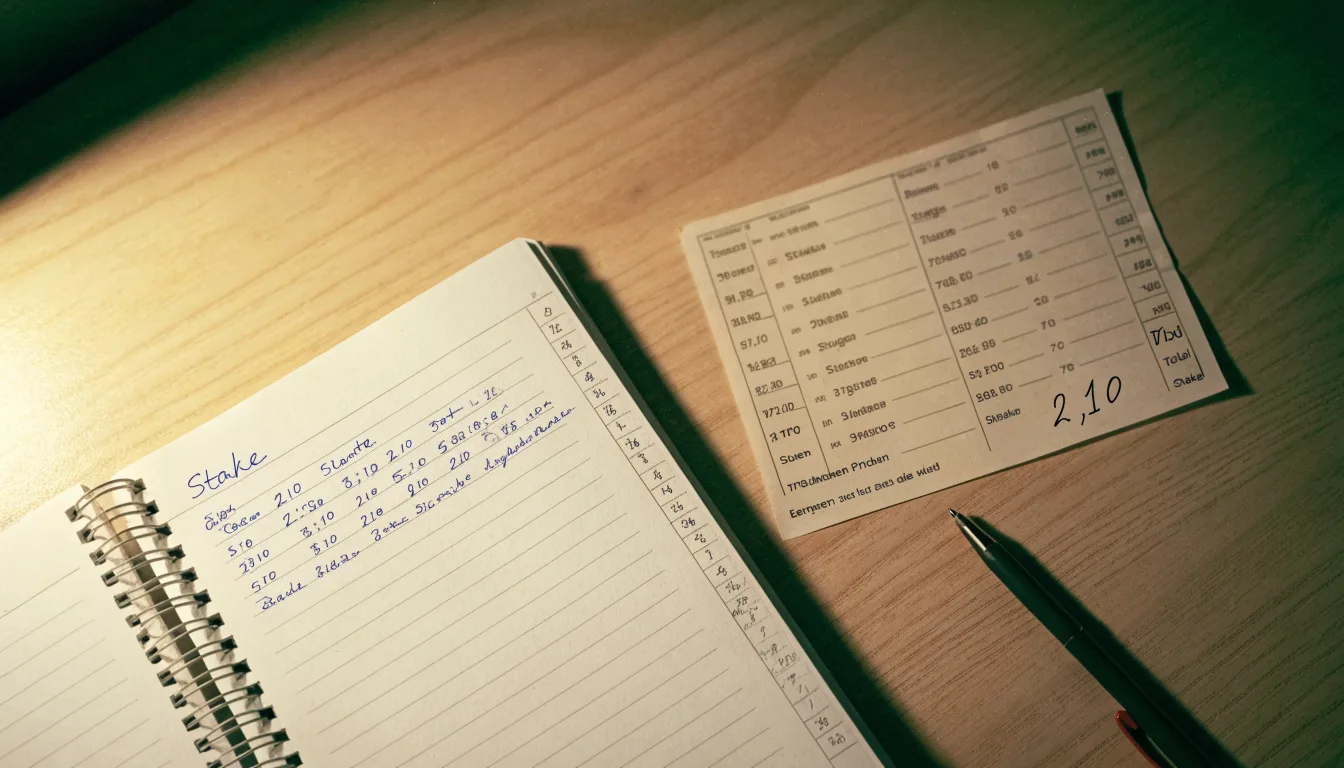 Ein Notizbuch mit handschriftlichen Notizen liegt aufgeschlagen neben einem leeren Papier-Wettschein auf einem Holztisch.