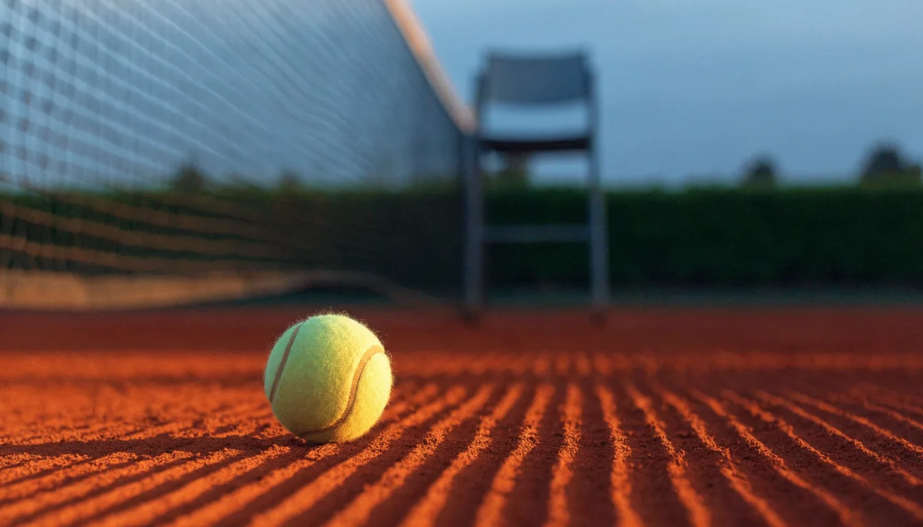 Ein Tennisball liegt auf einem roten Sandplatz bei Sonnenaufgang, im Hintergrund ein leerer Schiedsrichterstuhl.