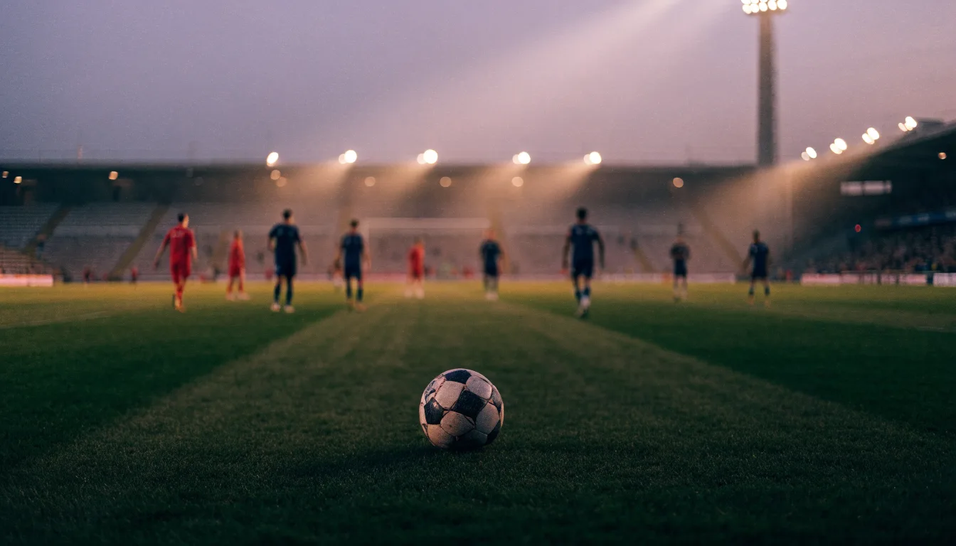 Ein Stadion unter Flutlicht aus der Ferne, davor ein stilles Feld im Dämmerlicht.