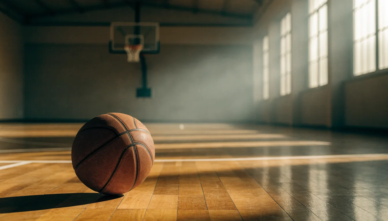 Ein Basketball liegt auf dem Parkett einer leeren Halle, Licht fällt durch hohe Fenster.