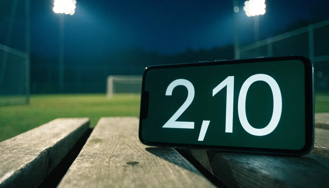 Eine Flutlichtanlage über einem leeren Sportplatz am Abend, im Vordergrund ein Maschendrahtzaun.