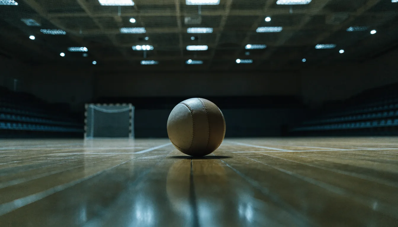 Ein Handball liegt in einer leeren Halle auf dem Boden vor dem Tor.