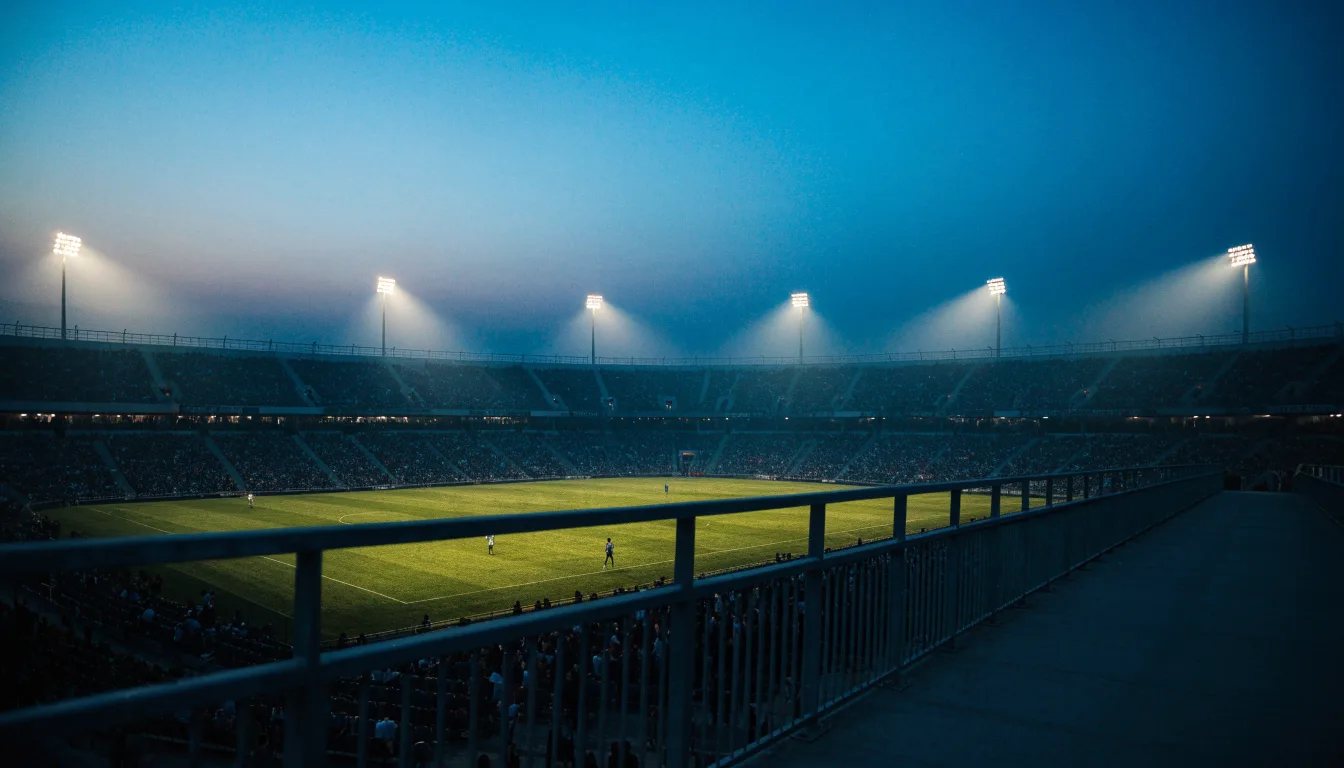 Ein Stadion bei Dämmerung mit eingeschalteten Flutlichtmasten, von einer Brücke aus aufgenommen.
