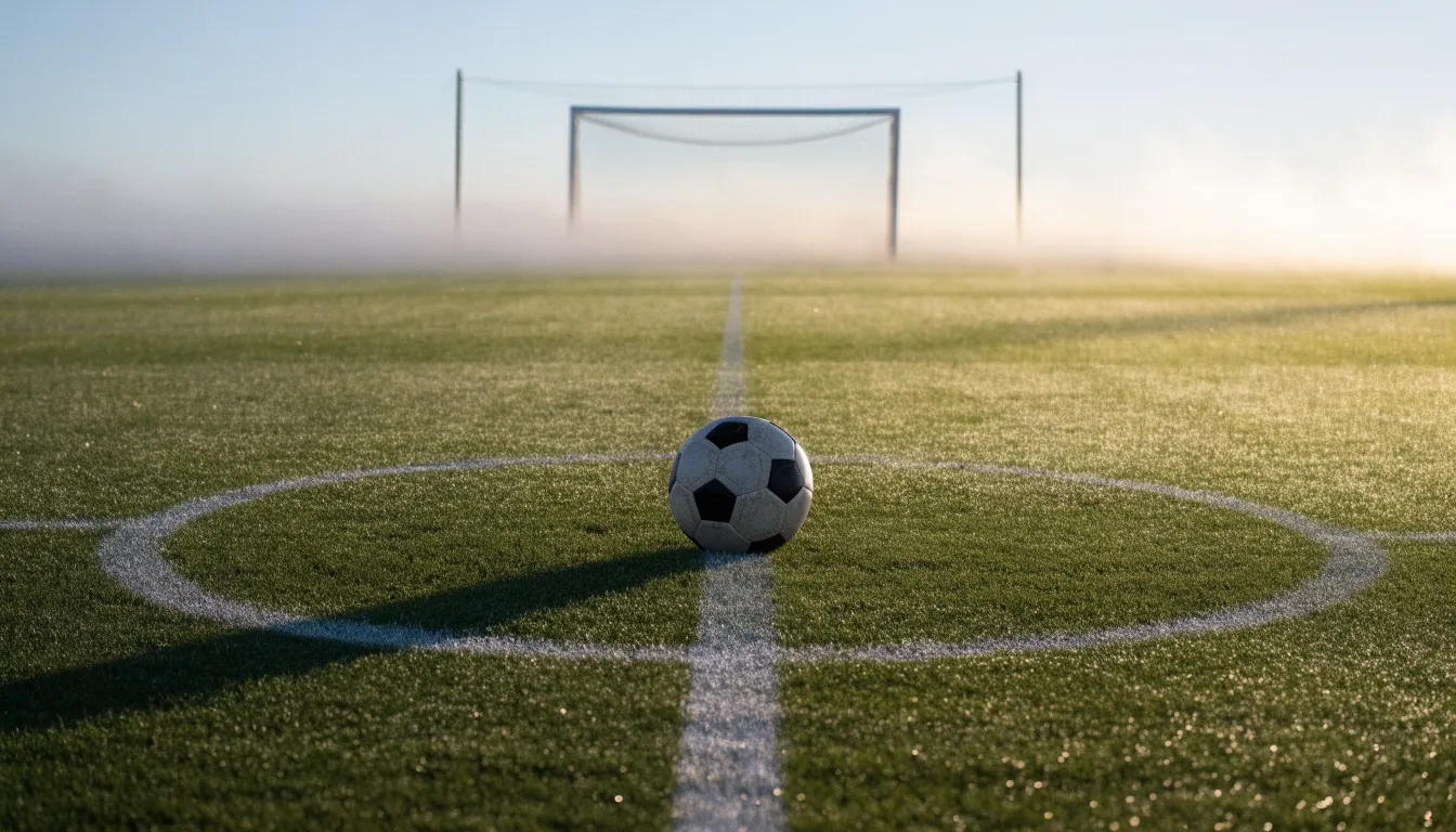 Ein Fußball liegt auf dem Anstoßkreis eines leeren Rasenplatzes im frühen Morgenlicht.