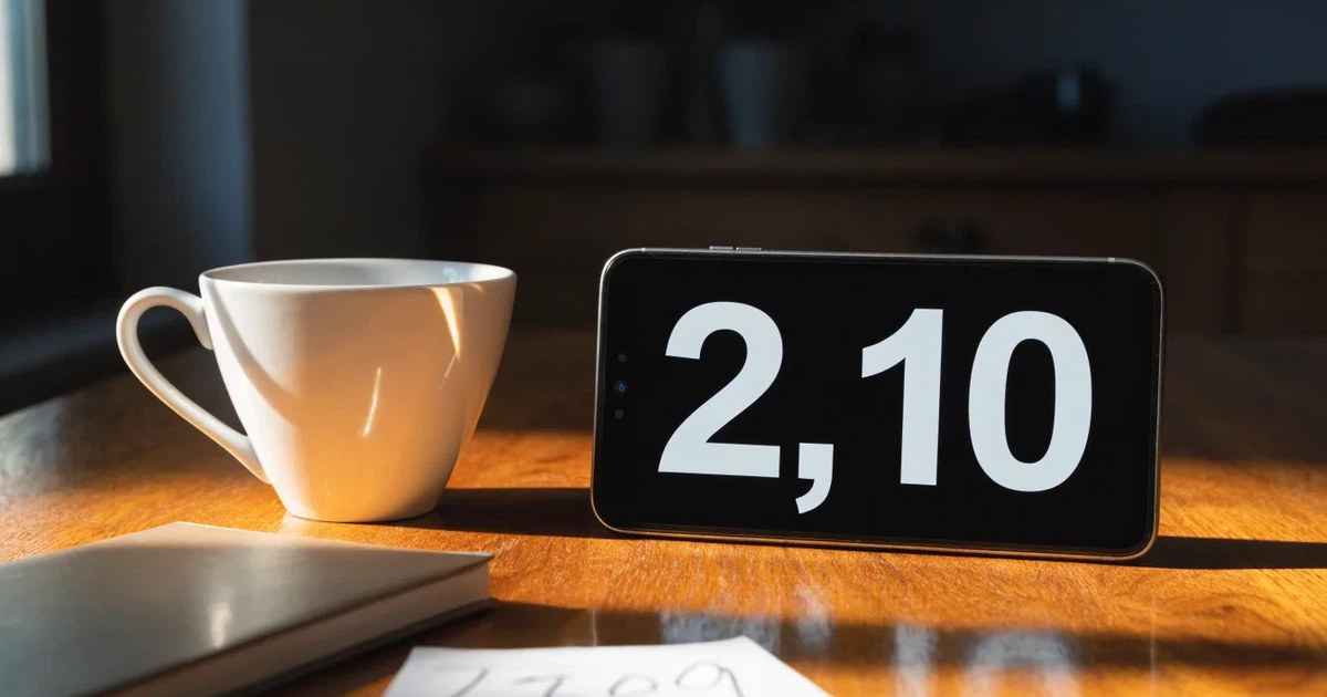 Ein Smartphone mit dunklem Display liegt neben einer Kaffeetasse und einem Notizbuch auf einem Küchentisch.
