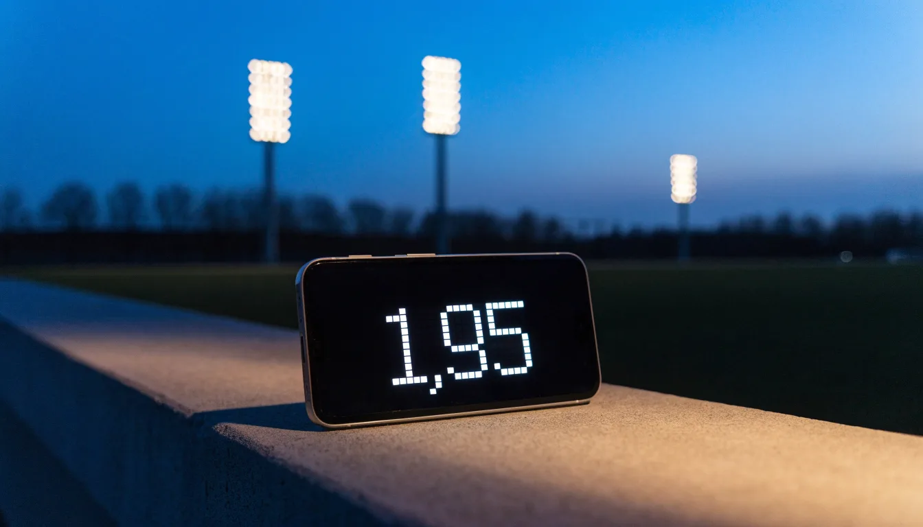 Ein Stadion unter Flutlicht aus großer Entfernung, davor die Silhouetten von Bäumen im Abendhimmel.