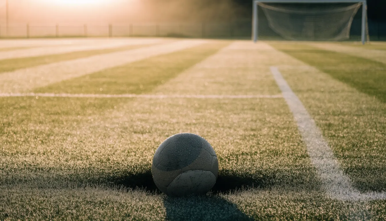 Ein Fußball auf dem Rasen vor einem leeren Tor im frühen Morgenlicht.