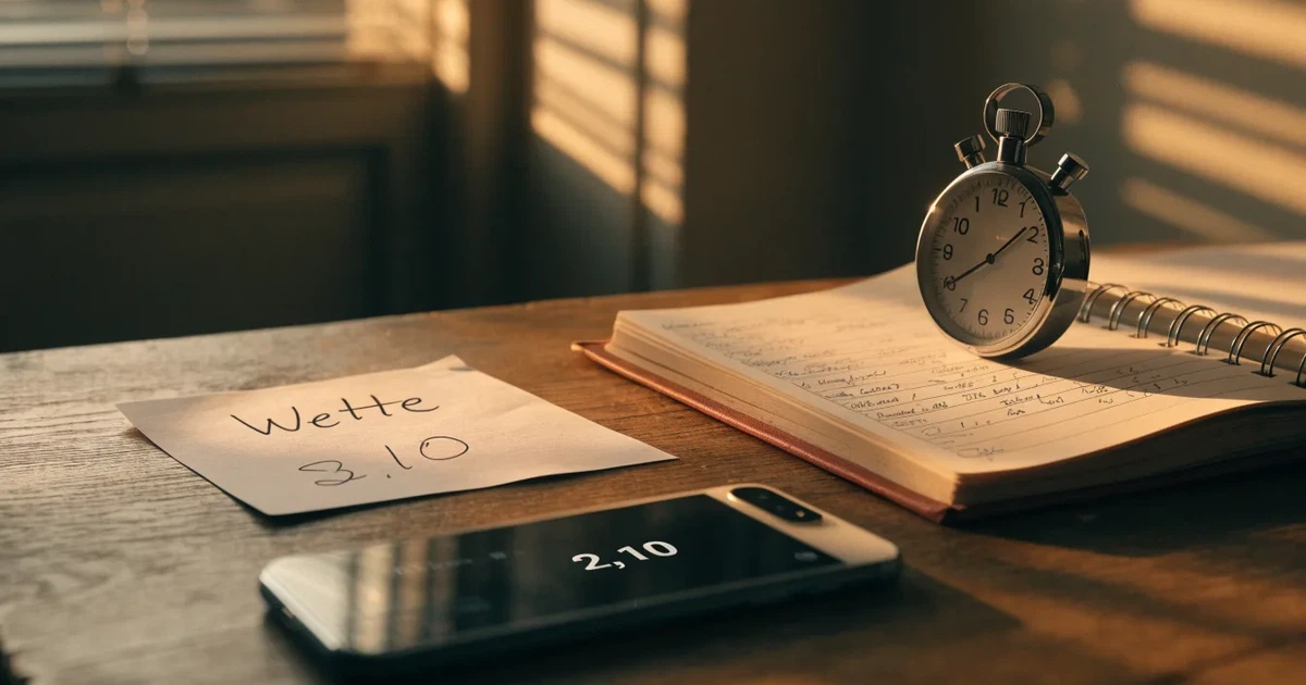 Eine Stoppuhr liegt neben Münzen und einem Notizbuch auf einem Holztisch, Tageslicht fällt von der Seite ein.