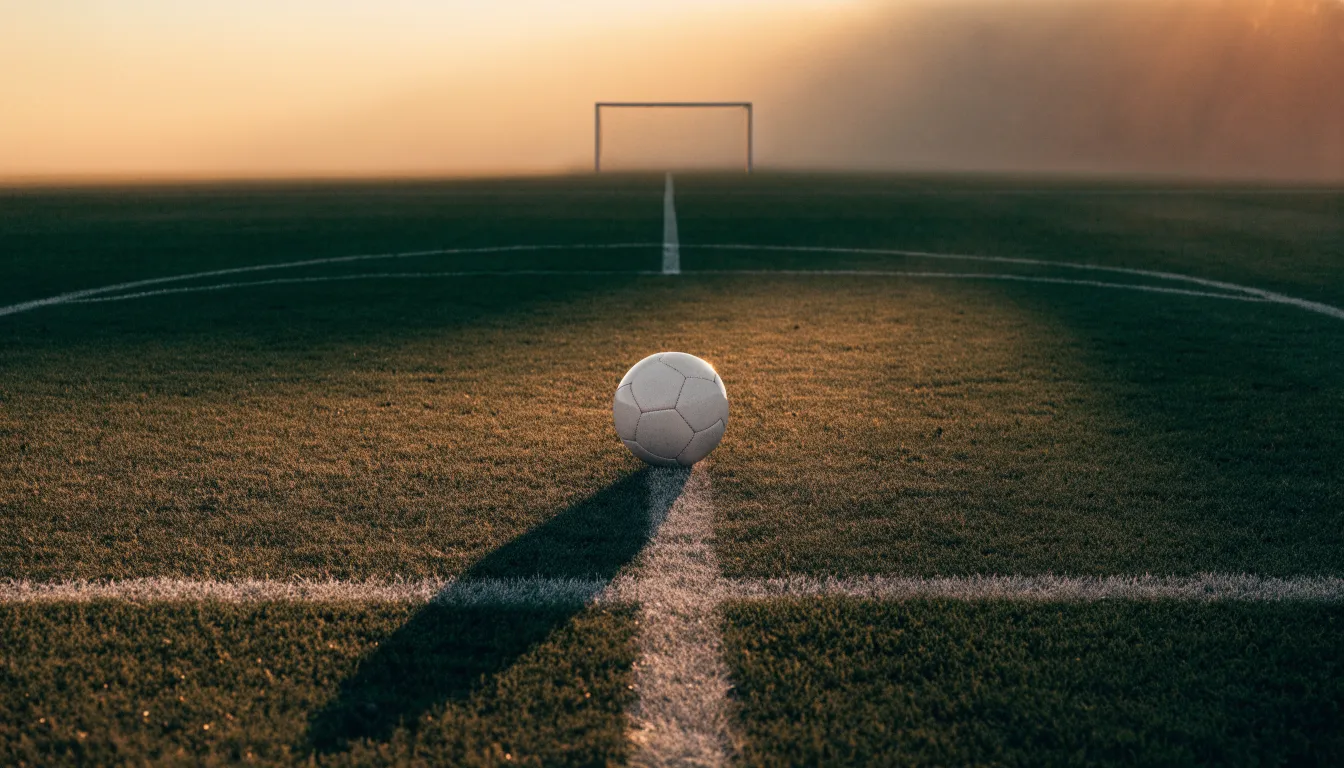 Ein Fußball liegt in der Mitte eines leeren Rasenplatzes, am Horizont färbt sich der Himmel orange.