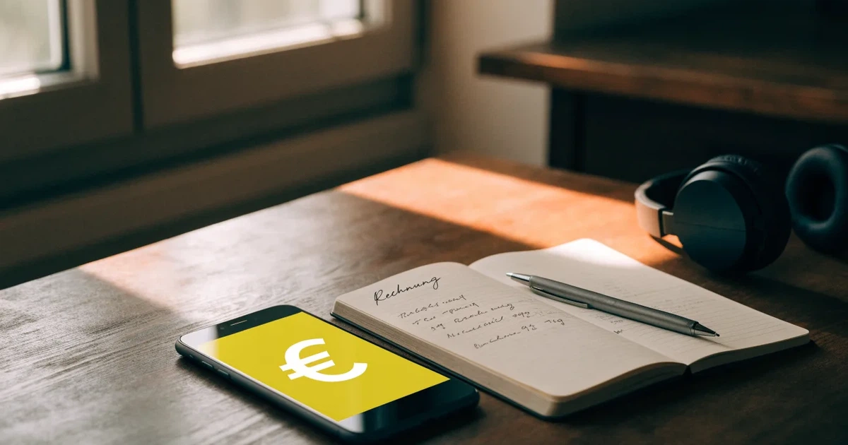 Ein Smartphone mit schwarzem Display liegt neben Kopfhörern auf einem Schreibtisch, daneben ein aufgeschlagenes Notizbuch.