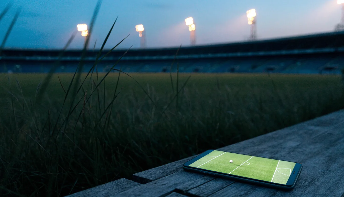 Ein hell beleuchtetes Stadion aus der Ferne in der Dämmerung, im Vordergrund ein Feld mit hohem Gras.