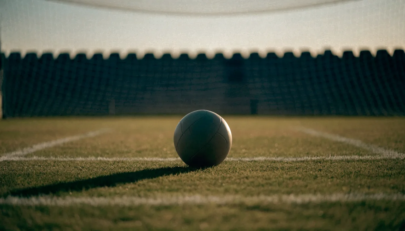 Ein Fußball liegt im Strafraum eines leeren Platzes, dahinter die Netze des Tores im Abendlicht.