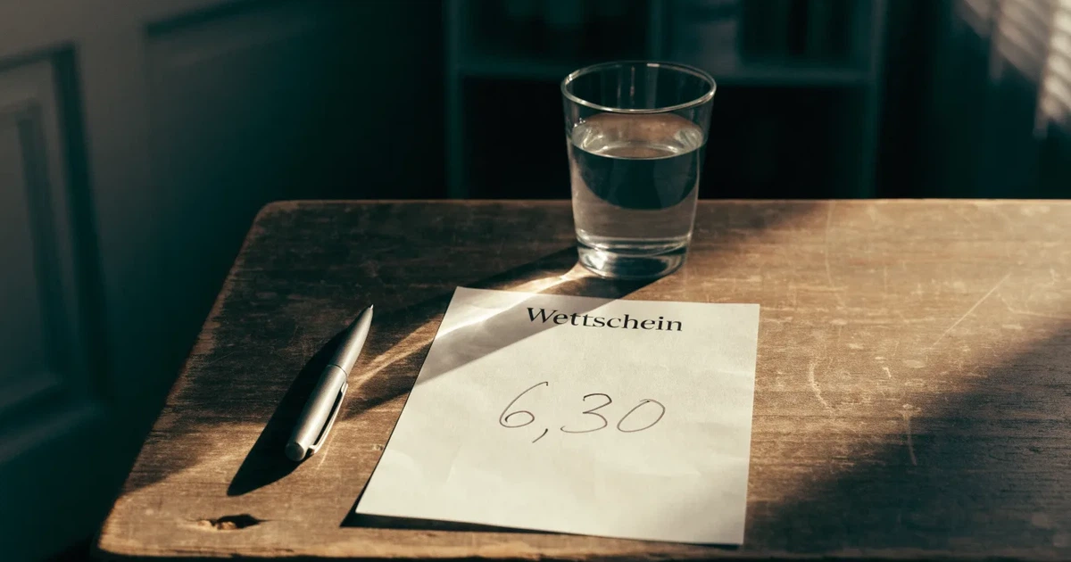 Ein leerer Papier-Wettschein liegt zusammen mit einem Kugelschreiber auf einem Tisch, daneben ein Glas Wasser.