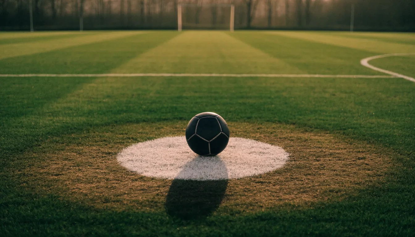 Ein Fußball liegt auf dem Elfmeterpunkt eines leeren Platzes im Abendlicht.