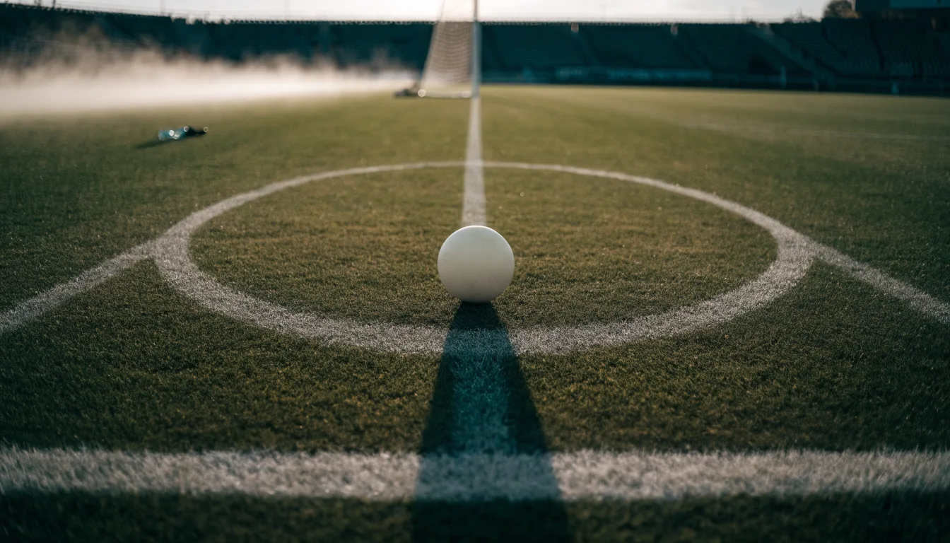 Ein Fußball auf dem Mittelkreis eines leeren Rasenplatzes im frühen Morgenlicht.